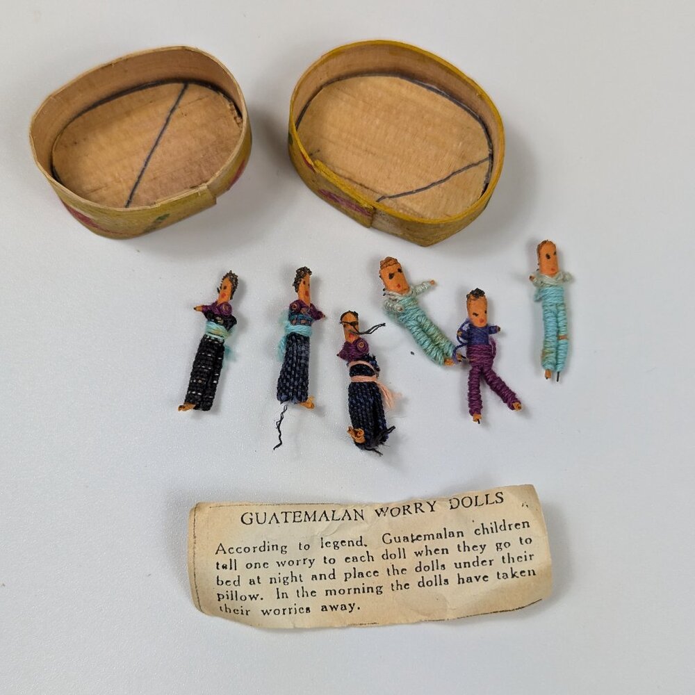 Vintage Set of 6 Tiny Guatemalan Worry Dolls in Handmade Balsa Wood Basket